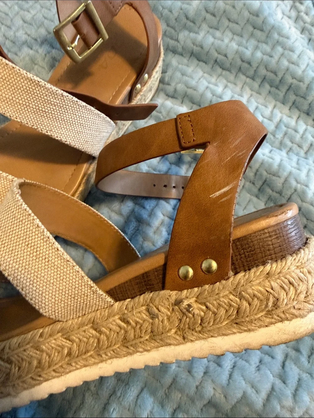 Soda Canvas Triple-Strap Espadrille Sandals in Beige and Brown